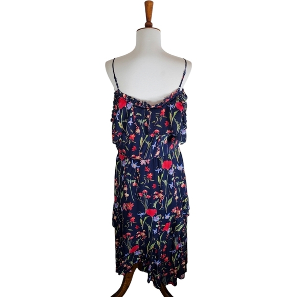 Parker Floral 100% Silk Cold Shoulder Ruffle Midi Navy Small Dress Preowned - Picture 3 of 9